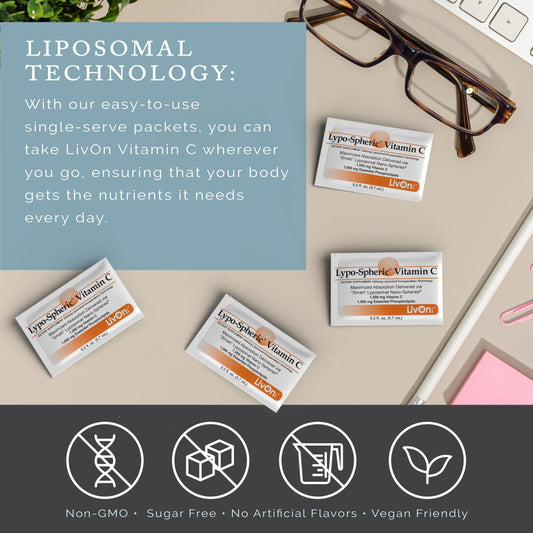 LivOn Laboratories Lypo–Spheric Liposomal Vitamin C 1000mg - No Sugar, Immune Support, Plant Based - Easy to Swallow, Absorbable, Individual Packets - Non–GMO, Gluten Free(0.2floz30 Packets)