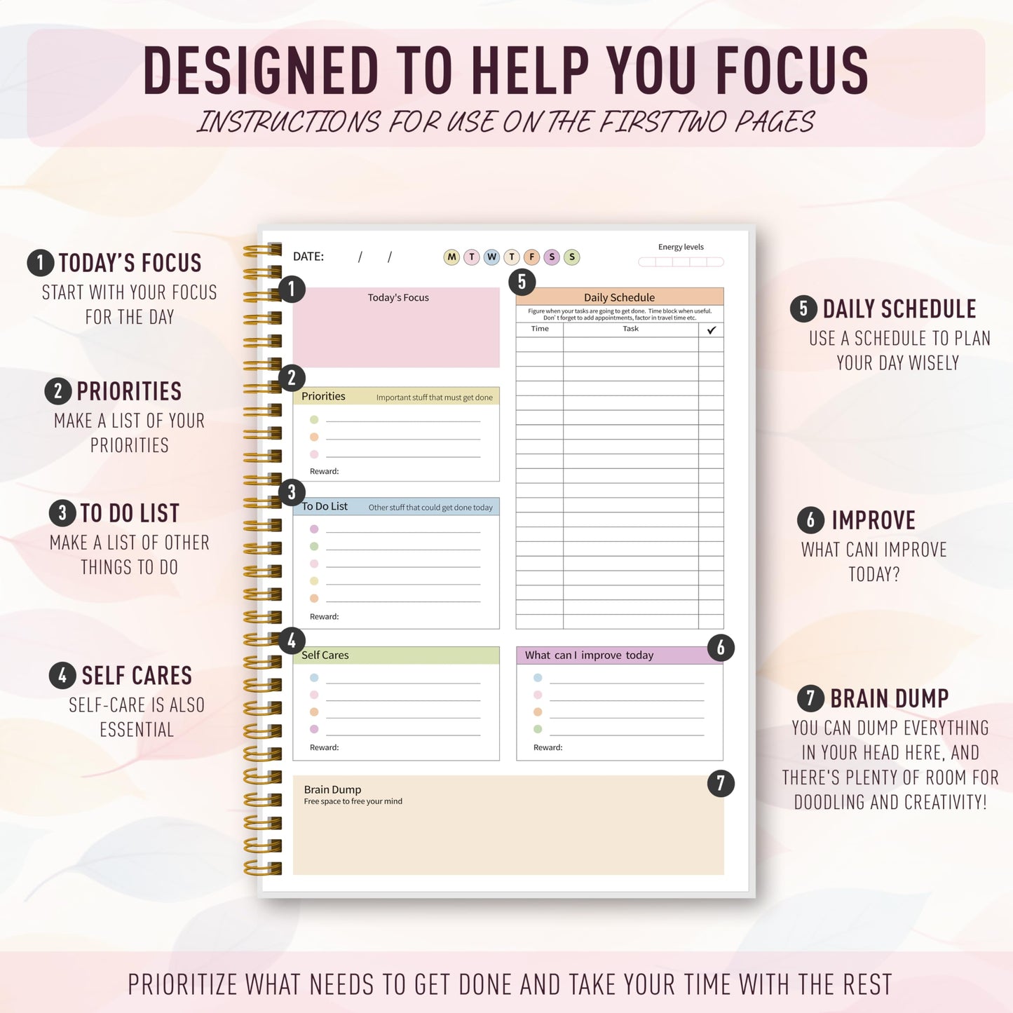 ADHD Daily Planner - Productivity Planner & Undated Task Management Organizer for Neurodivergent Adults, Focused Planners for Men & Women - B5 Colorful Leaves
