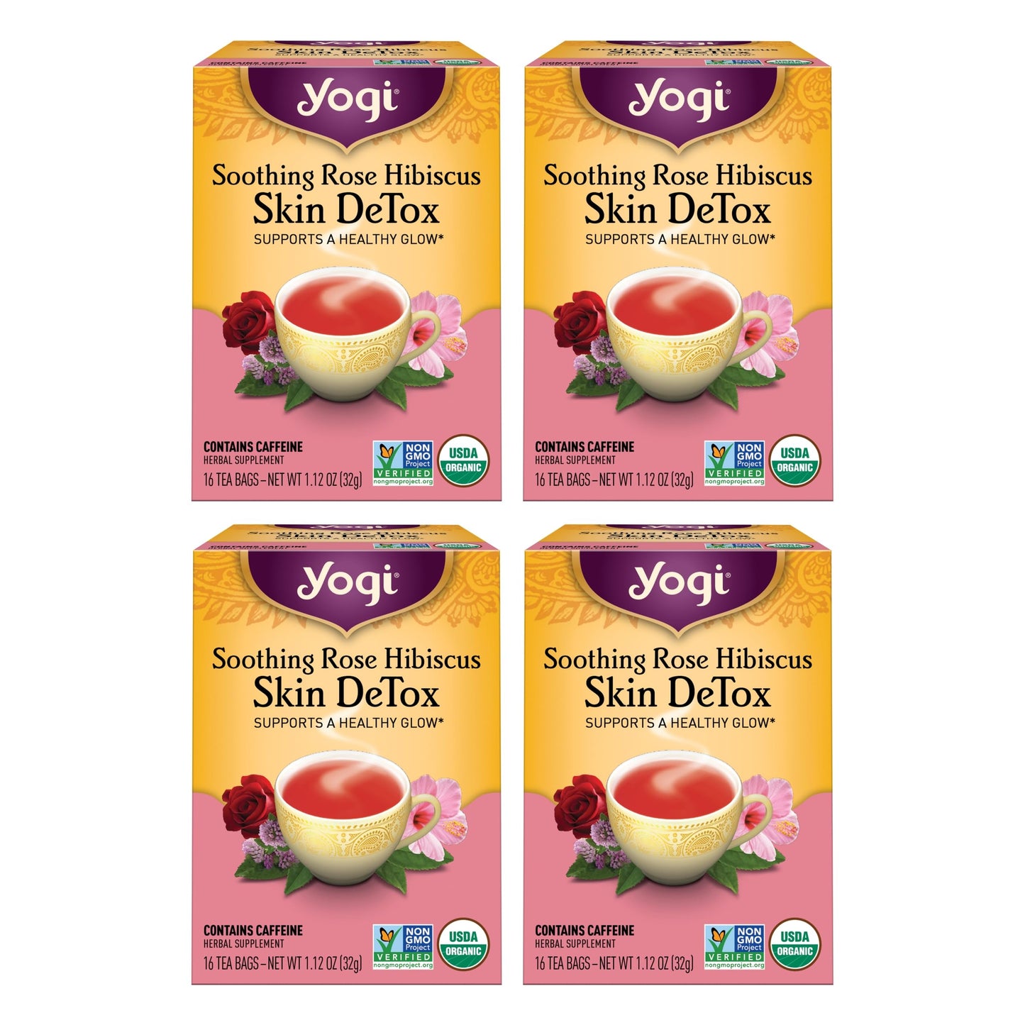 Yogi Tea Soothing Rose Hibiscus Skin DeTox Tea - 16 Tea Bags per Pack (4 Packs) - Organic DeTox Tea to Support Skin Health - Includes Green Tea Leaf, Rose Petal, Honeybush Leaf, Hibiscus & More