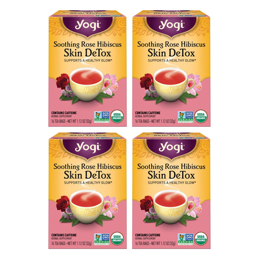 Yogi Tea Soothing Rose Hibiscus Skin DeTox Tea - 16 Tea Bags per Pack (4 Packs) - Organic DeTox Tea to Support Skin Health - Includes Green Tea Leaf, Rose Petal, Honeybush Leaf, Hibiscus & More