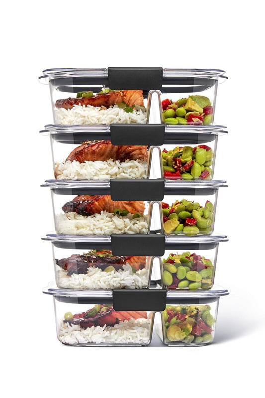 Rubbermaid Brilliance Meal Prep Containers, 2-Compartment Food Storage Containers, 2.85 Cup, 5-Pack, BPA-Free, Clear/Grey