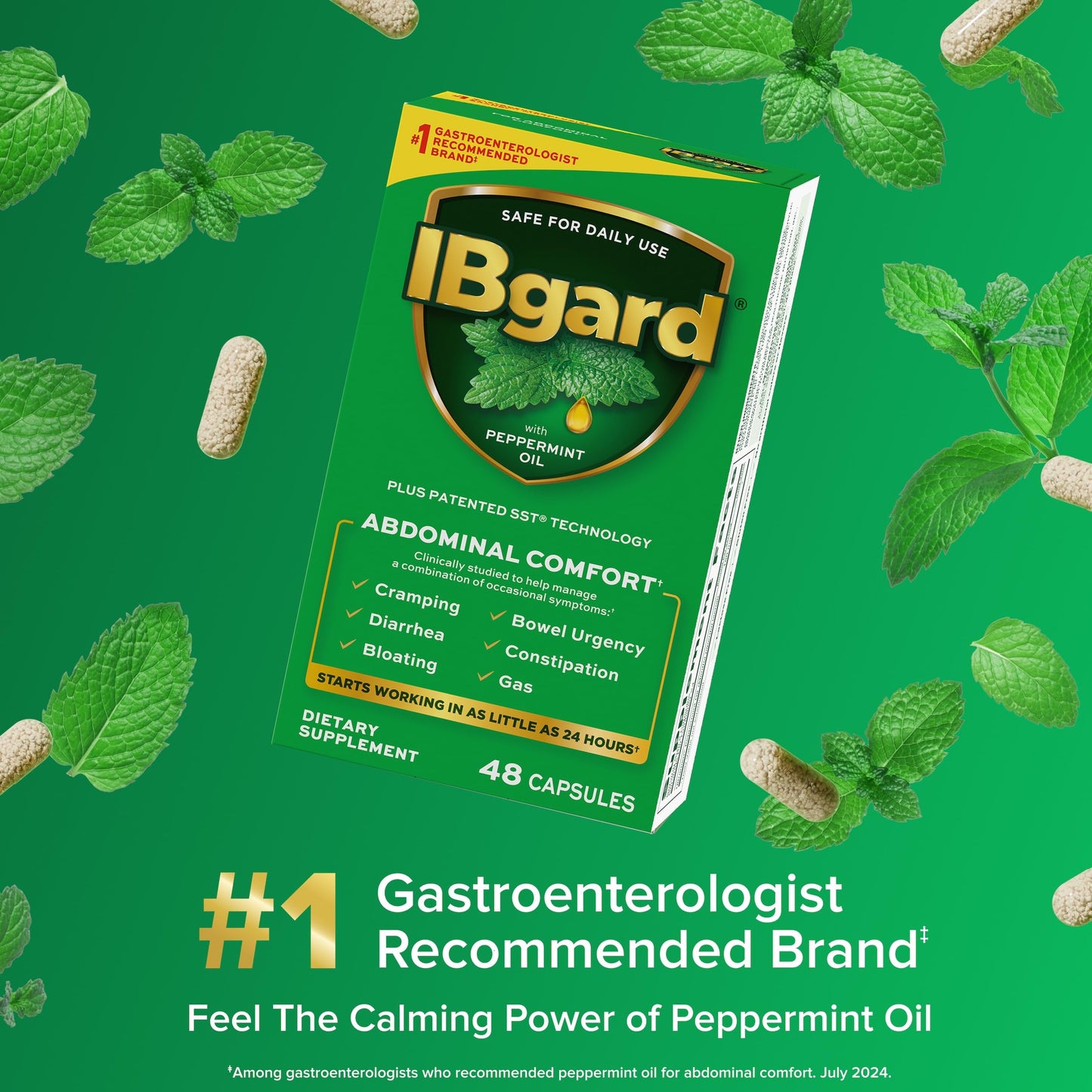 IBgard Gut Health Supplement, Peppermint Oil Capsules for Abdominal Comfort, 48 Capsules