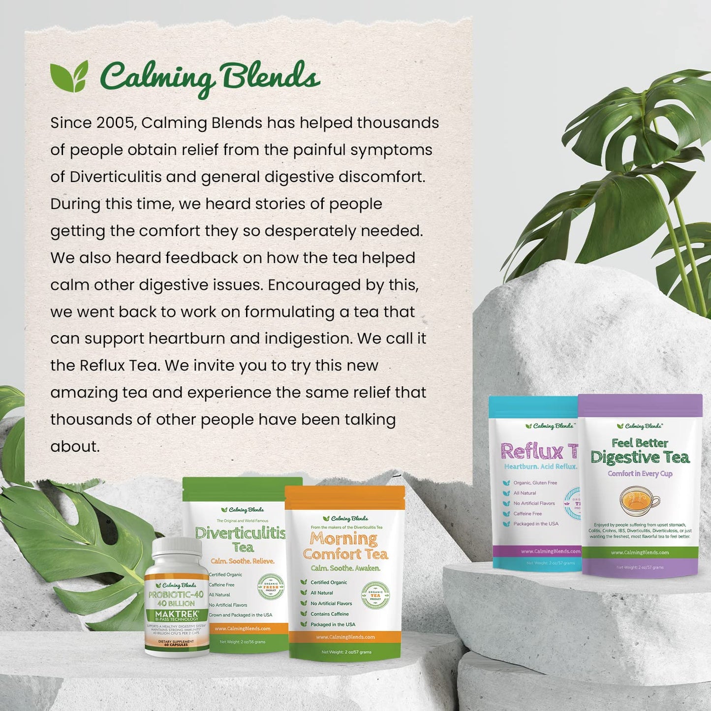 CALMING BLENDS Acid Reflux Loose Leaf Tea | Acid Reflux, Heartburn & Indigestion | Caffeine-Free | 36 Cups