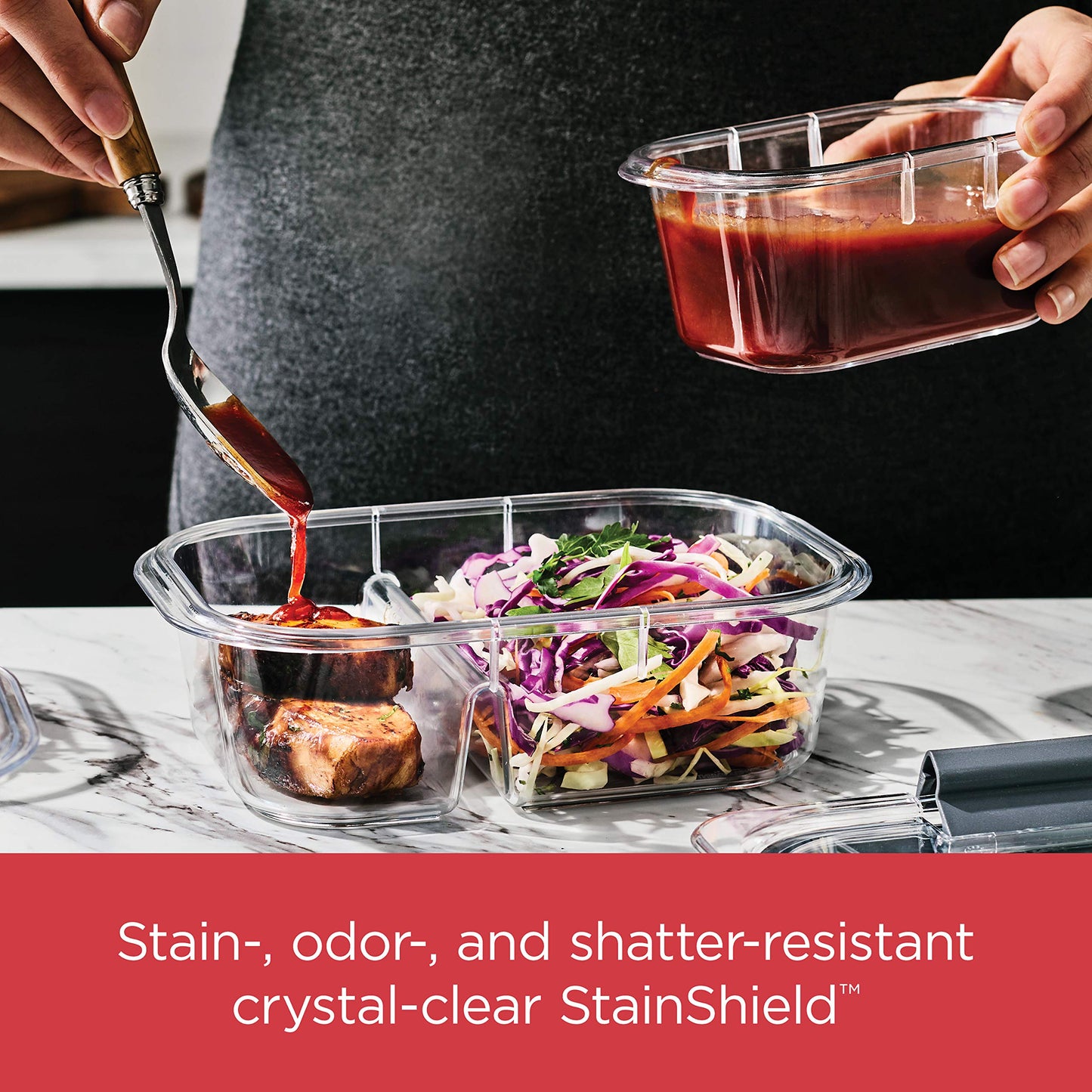 Rubbermaid Brilliance Meal Prep Containers, 2-Compartment Food Storage Containers, 2.85 Cup, 5-Pack, BPA-Free, Clear/Grey