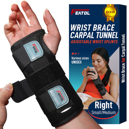 FEATOL Wrist Brace for Carpal Tunnel, Adjustable Night Wrist Support Brace with Splints Right Hand, Small/Medium, Hand Support for Arthritis, Tendonitis, Sprain, Injuries